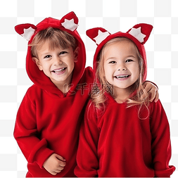快乐可爱的小男孩和女孩穿着红色