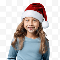 戴着圣诞帽的快乐女孩站在蓝色上