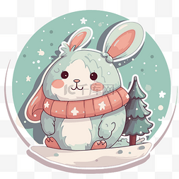 带围巾的兔子图片_可爱的冬季贴纸，上面是一只带着