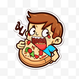 吃披萨图片_一个男孩吃披萨的贴纸设计 向量