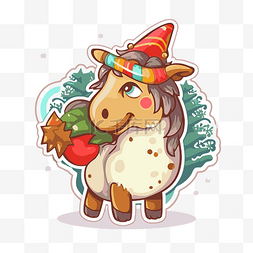 一只小山羊戴着帽子的圣诞贴纸剪