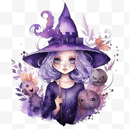 水彩女巫穿着紫色服装戴着尖顶帽