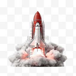 3d 红色白色太空船或火箭发射在烟