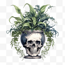 骷髅盆主题中带有植物的边框装饰