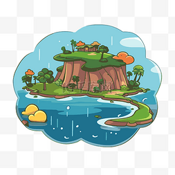 卡通島图片_卡通岛，有小树和水中的房子 向