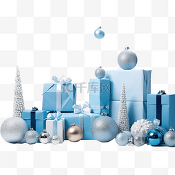 带有蓝色纸袋和装饰品的圣诞购物