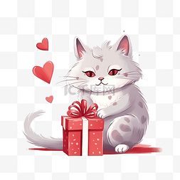 情人节插画猫，带着礼盒和爱的心