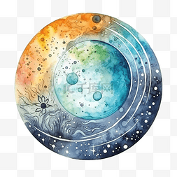 月亮水彩水彩插图与太阳系行星