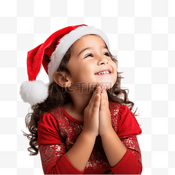 使满意图片_庆祝圣诞节的小女孩把手放在下巴