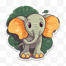 大象画图片_可爱的卡通大象在树叶上的草丛中