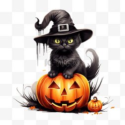 戴着女巫帽的黑猫坐在万圣节南瓜