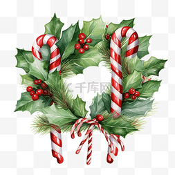可愛框图片_圣诞冬青花环与拐杖糖