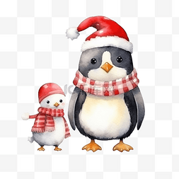 水彩动物插画素材图片_可爱的企鹅和羊在圣诞老人服装水