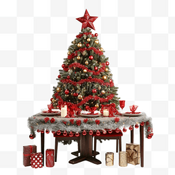 圣诞餐桌上装饰着圣诞树和花环