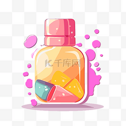 一瓶糖果与彩色软糖和粉红色液体
