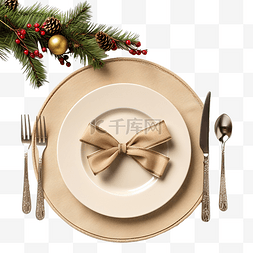 桌子上的桌布图片_米色桌布上圣诞餐桌布置的顶视图