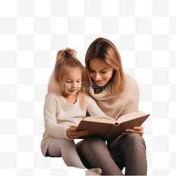 父母孩子看书图片_年轻的母亲和小女孩坐在家里的圣