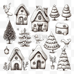 圣诞节线描图片_素描风格圣诞节单色插图集