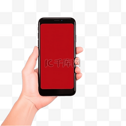 手机框空白图片_手持红色手机，上面有圣诞杉树枝