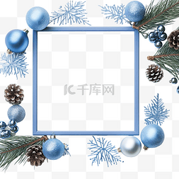 框架圣诞树图片_白色表面有蓝色圣诞装饰品和杉树