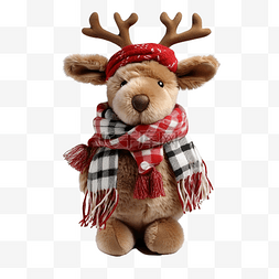 毛茸茸的圣诞角鹿玩具，戴着红帽