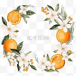 橙色横幅背景图片_水彩白花和橙色水果花环框架横幅