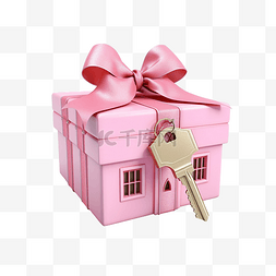 3d 房子与钥匙在粉红色礼品盒隔离