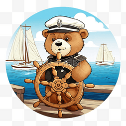 海中船上方向盘上的熊卡通