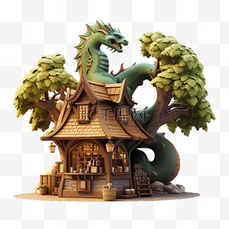 房子3d模型图片_龙店与树高品质 3d 渲染