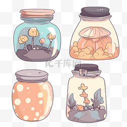 罐子剪贴画 一组装满蘑菇卡通的