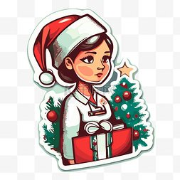 圣诞护士图片_圣诞贴纸，上面有一个带着圣诞礼