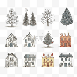 房屋和树木圣诞贺卡插画手绘建筑