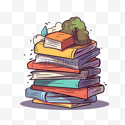 一叠书图片_一堆书与树剪贴画的卡通插图 向