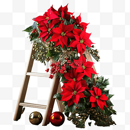 桌花图片_圣诞花一品红和装饰梯上的装饰品