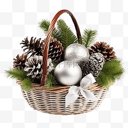 有雪花的树图片_篮子里有圣诞装饰品的组合物