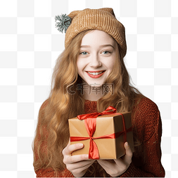一个戴着圣诞帽手里拿着礼物的女