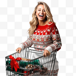 女性毛衣图片_穿着圣诞毛衣推着灰色购物车的美