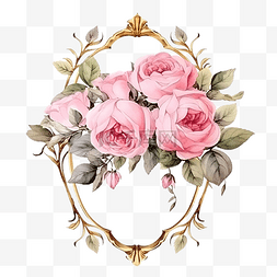 水彩粉色英国玫瑰花束带金框