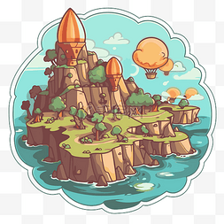 动画贴纸卡通岛之岛与城堡插画 