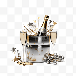 银星皇冠图片_香槟瓶的 3D 渲染，银桶时钟金笛