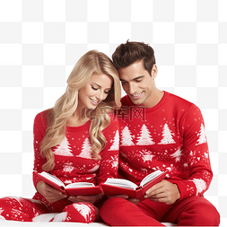 家庭书架图片_穿着红色圣诞毛衣的夫妇在家里的