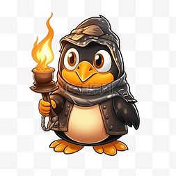 可爱万圣节拿着火把的南瓜头企鹅