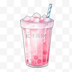 水彩粉色珍珠奶茶