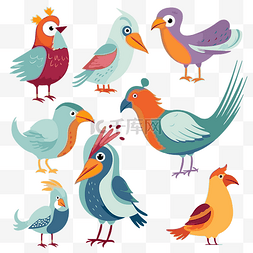 各种尺寸的鸟类剪贴画彩色和卡通