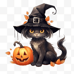 戴着女巫帽的可爱黑猫坐在万圣节