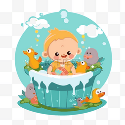 浴缸水卡通图片_可爱的卡通男婴在泡沫中与鸟和鸭
