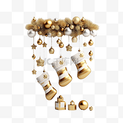 新年快乐背景图片_圣诞老人袜子的 3D 渲染，带有金