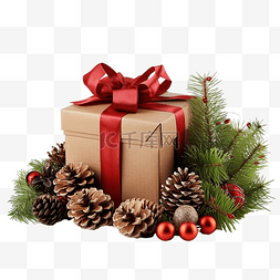 丝带装饰礼盒图片_带松树和圣诞玩具装饰的天然圣诞