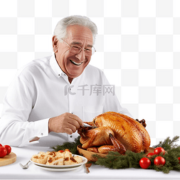 圣诞晚餐期间微笑的祖父切鸡