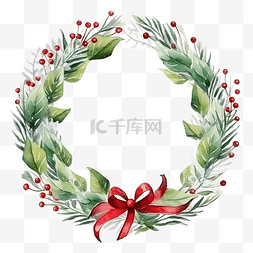 红色卡片装饰图片_圣诞水彩花环框架，绿叶浆果和红